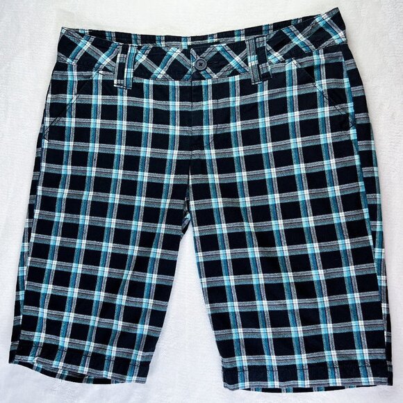Lilu Bermuda Shorts | Black, Teal & White Plaid | Size 5 | Cotton | Y2K | Women - Picture 1 of 13